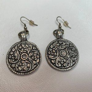 Silver Finished Engraved Design Round Drop Earring